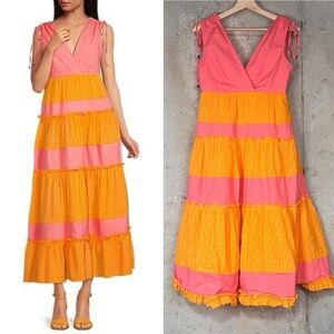 LDT pink orange colorblock striped fit flare sleeveless midi dress 0 xs